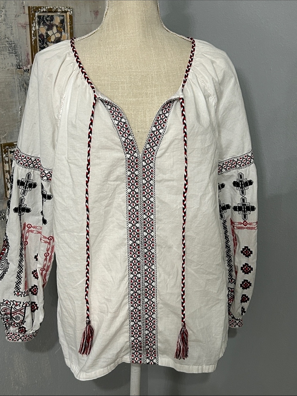 Max Edition White Peasant Blouse with Black & Red Embroidery